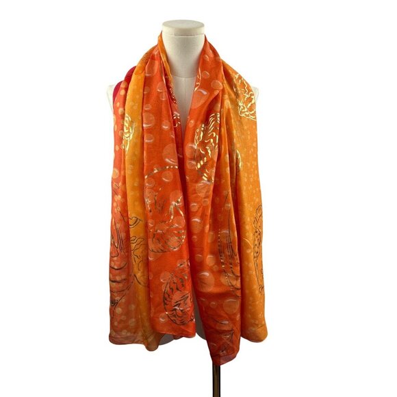 Art Of The Scarf Womens Silk Blend Orange & Red Oceanic Print Scarf - Picture 6 of 8